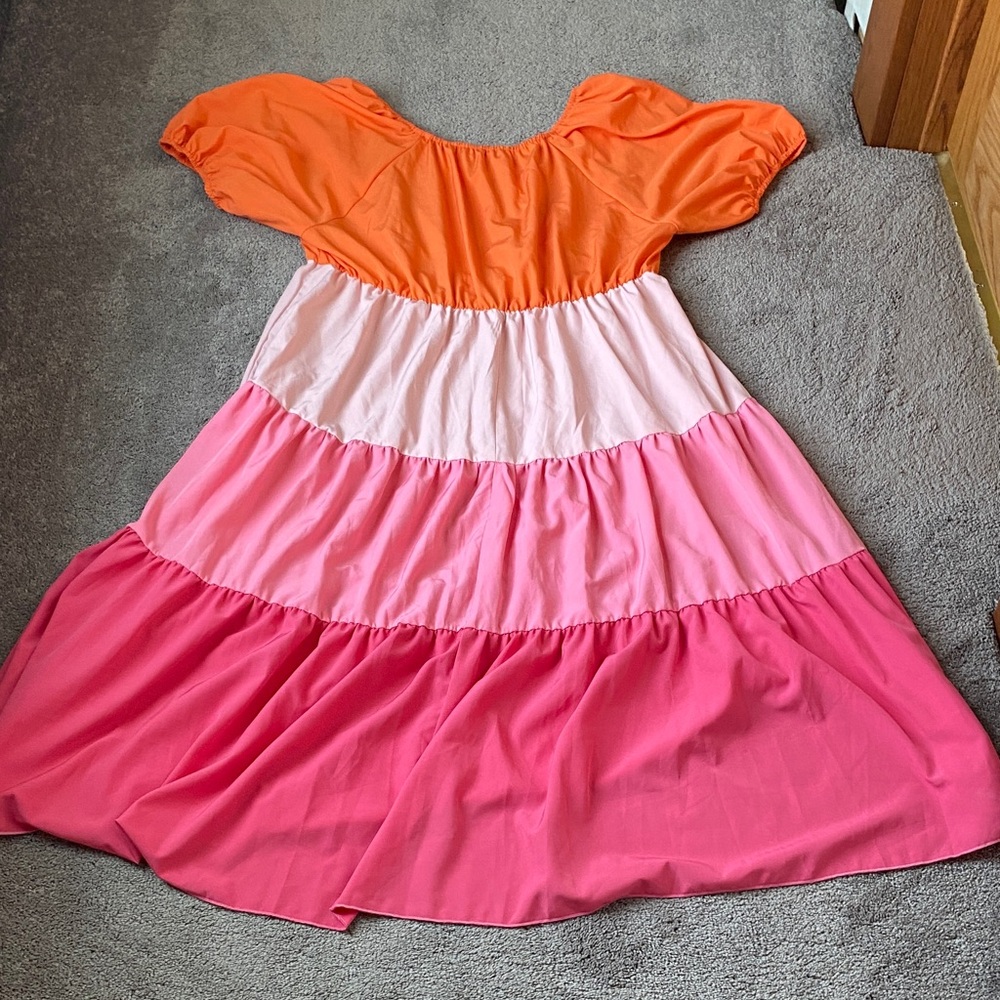 JORESS Curve Pink Orange Colorblock Tiered Puff Sleeve Dress SIZE 2XL